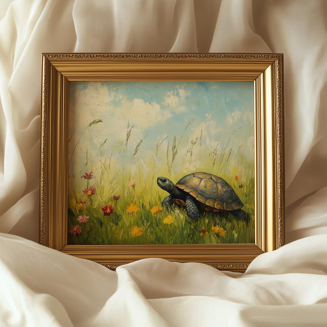 Turtle Crossing Wildflower Meadow Sunny Day Wildlife Painting Poster - Image 5