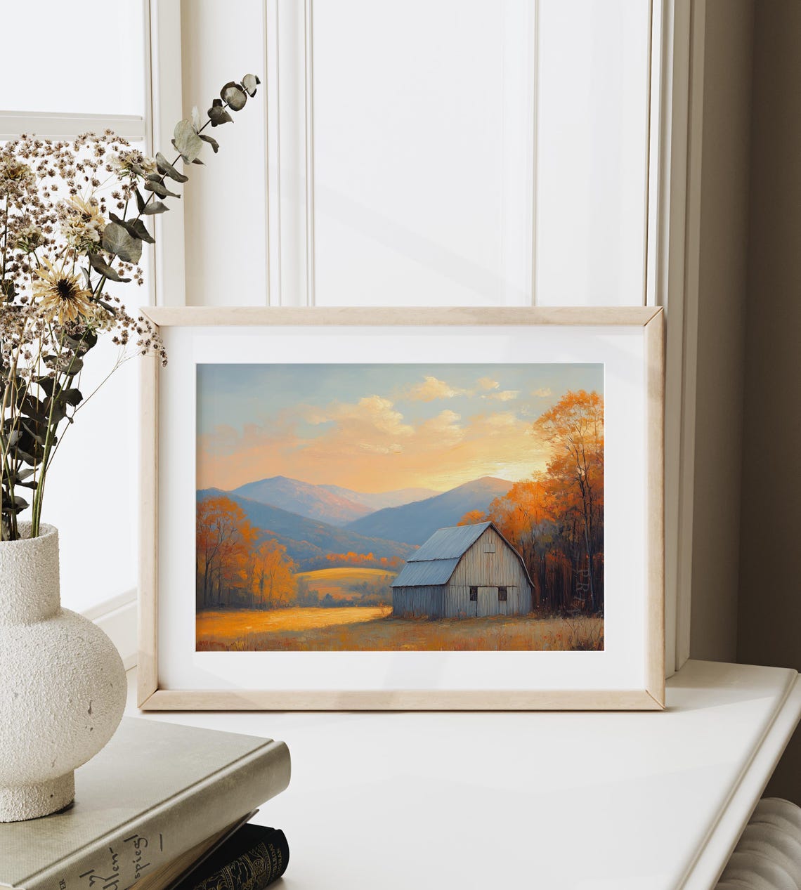 Gray Barn Golden Meadow Sunset Mountains Oil Painting Poster - Image 6