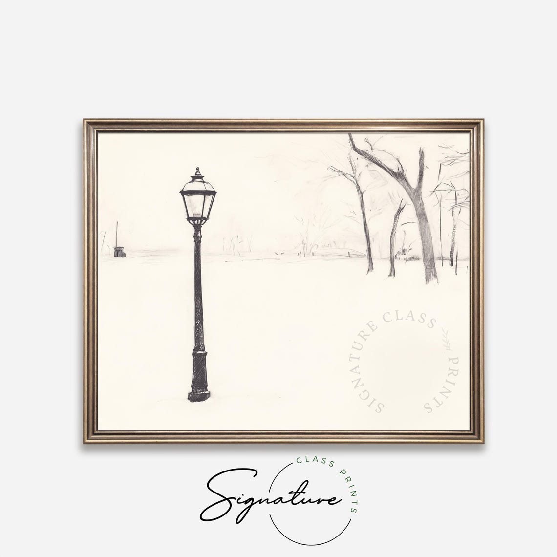 Vintage Streetlamp In Snowy Park Ink Sketch Minimalist Winter Wall Art - Image 4