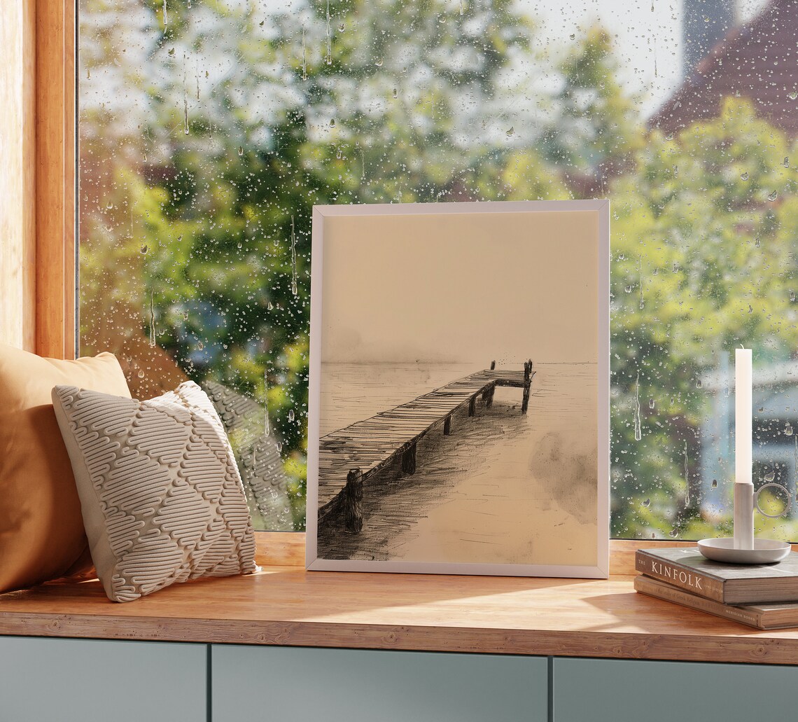 Old Wooden Pier On Misty Lake Sepia Ink Sketch Landscape Poster - Image 2
