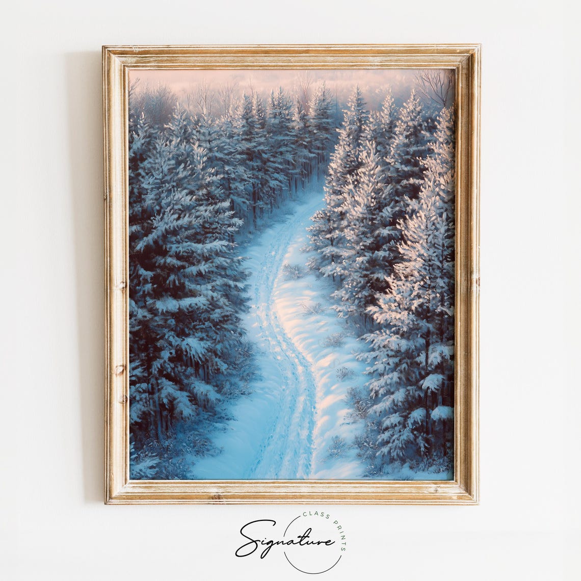 Snowy Forest Path Between Frosted Firs at Pink Winter Dawn Poster