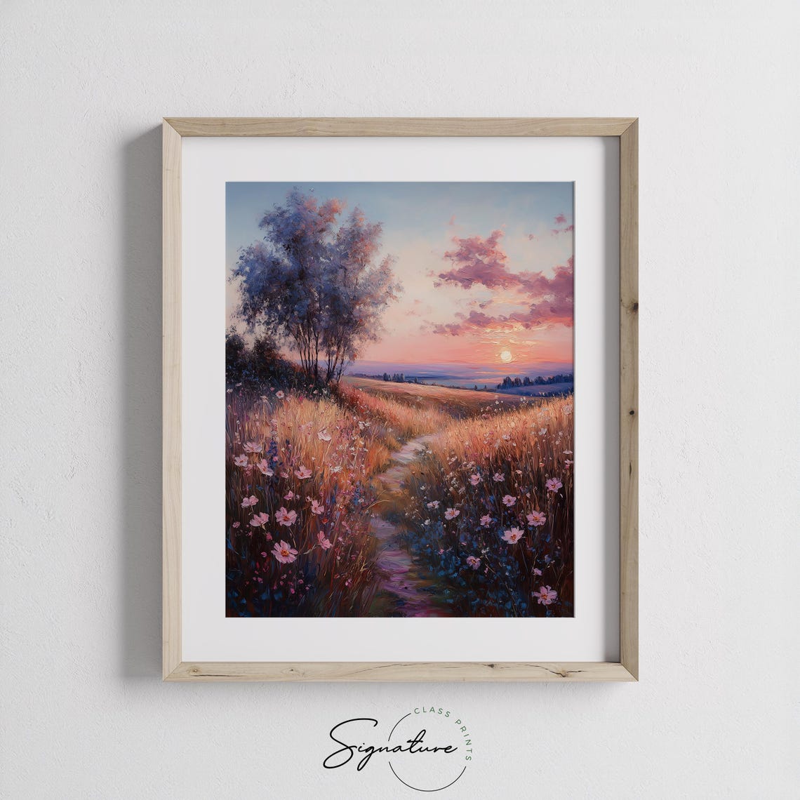 Rolling Meadow Path With Blooming Pink Flowers Romantic Sunset Poster - Image 2