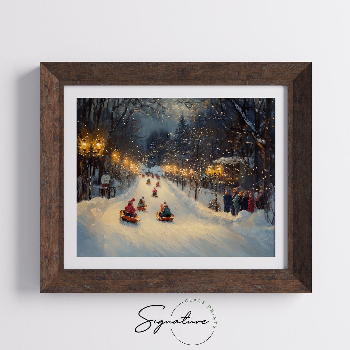 Children Sledding on Snowy Hill Winter Evening Oil Painting Print - Image 5