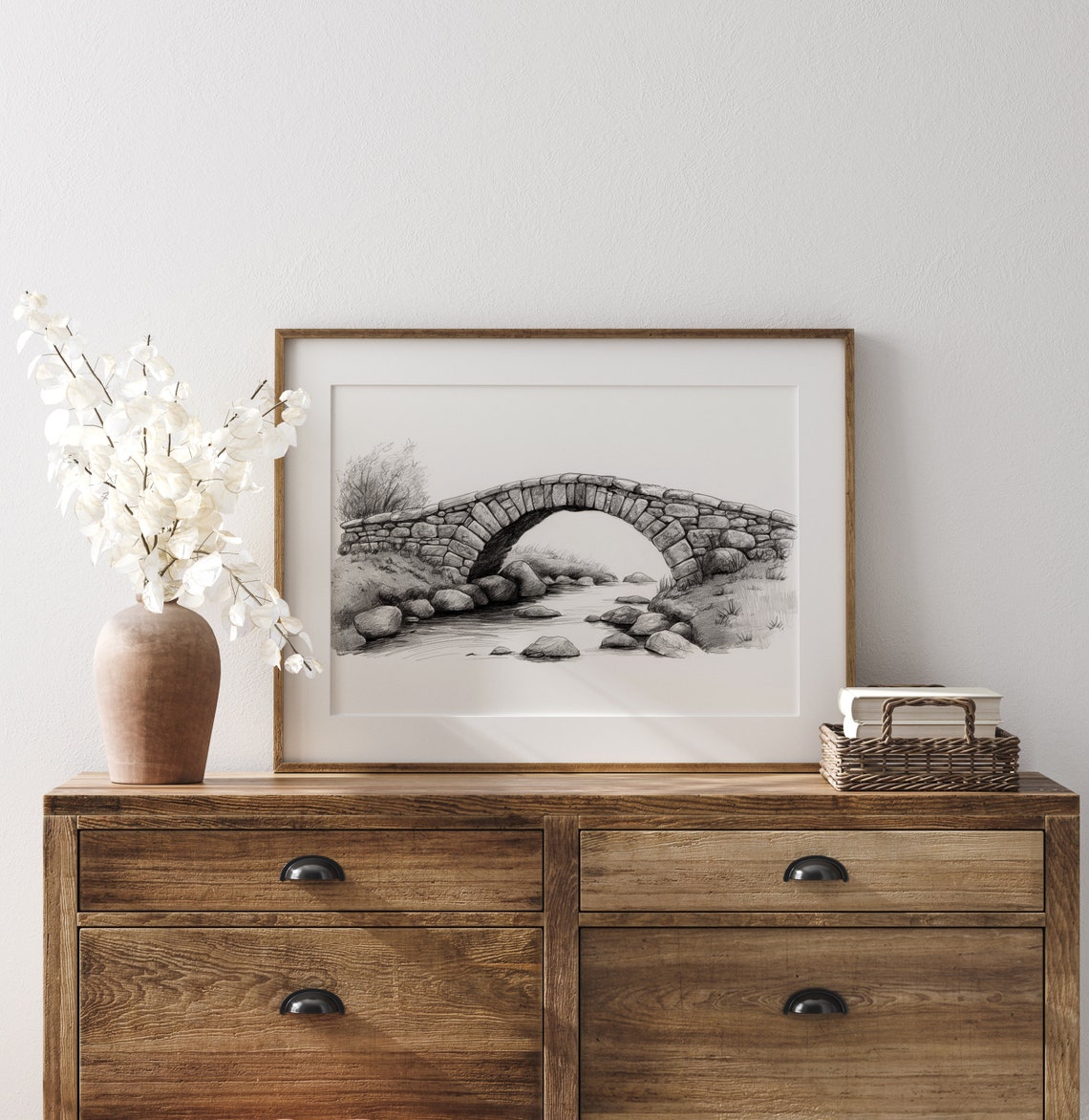 Old Stone Arch Bridge Over Stream Pencil Sketch Landscape Poster - Image 3