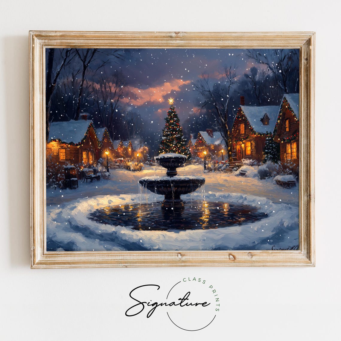 Snowy Village Square Night Fountain Christmas Tree Painting Poster - Image 2