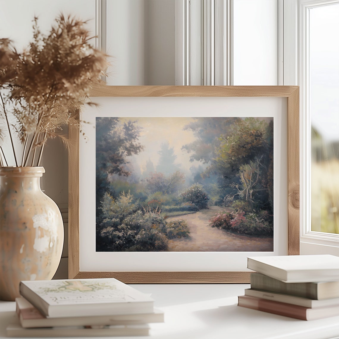 Misty Garden Path with Flowering Bushes Dreamy Impressionist Poster - Image 2