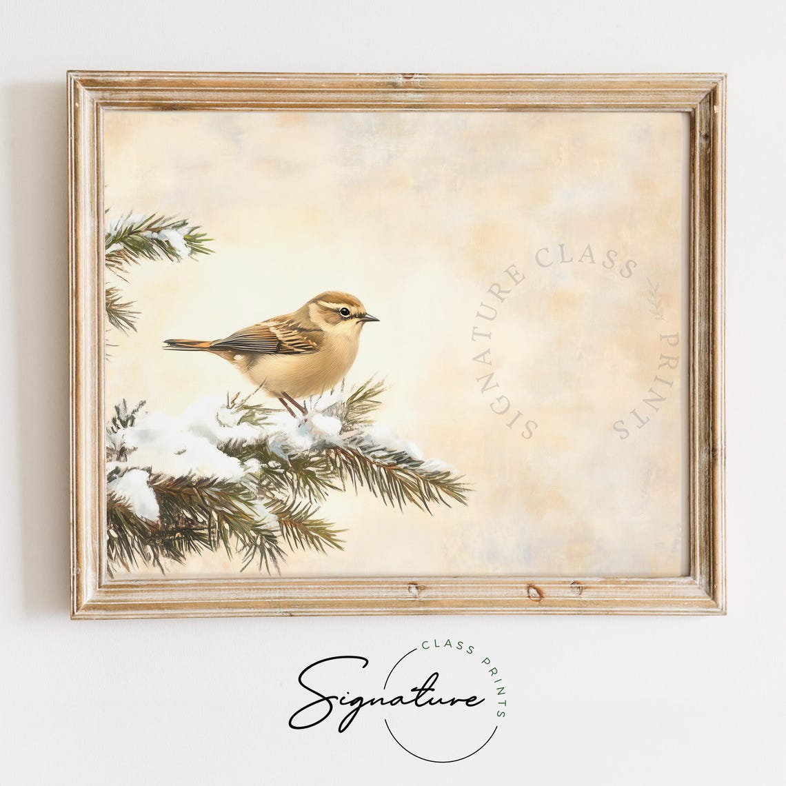 Goldcrest on Snowy Pine Branch Delicate Vintage Winter Bird Poster