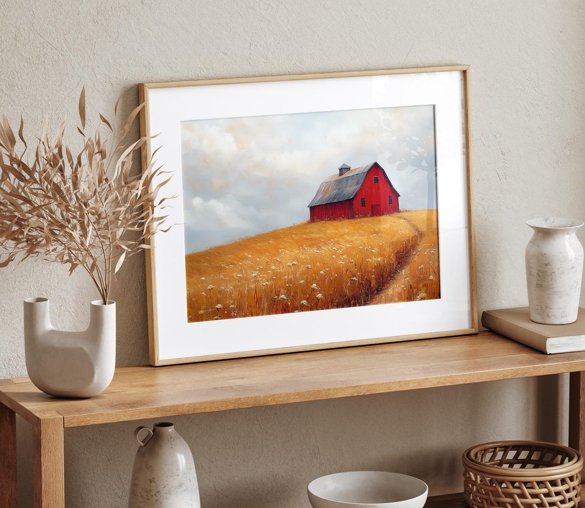 Red Barn Golden Hilltop Soft Sky Autumn Farm Landscape Poster - Image 4