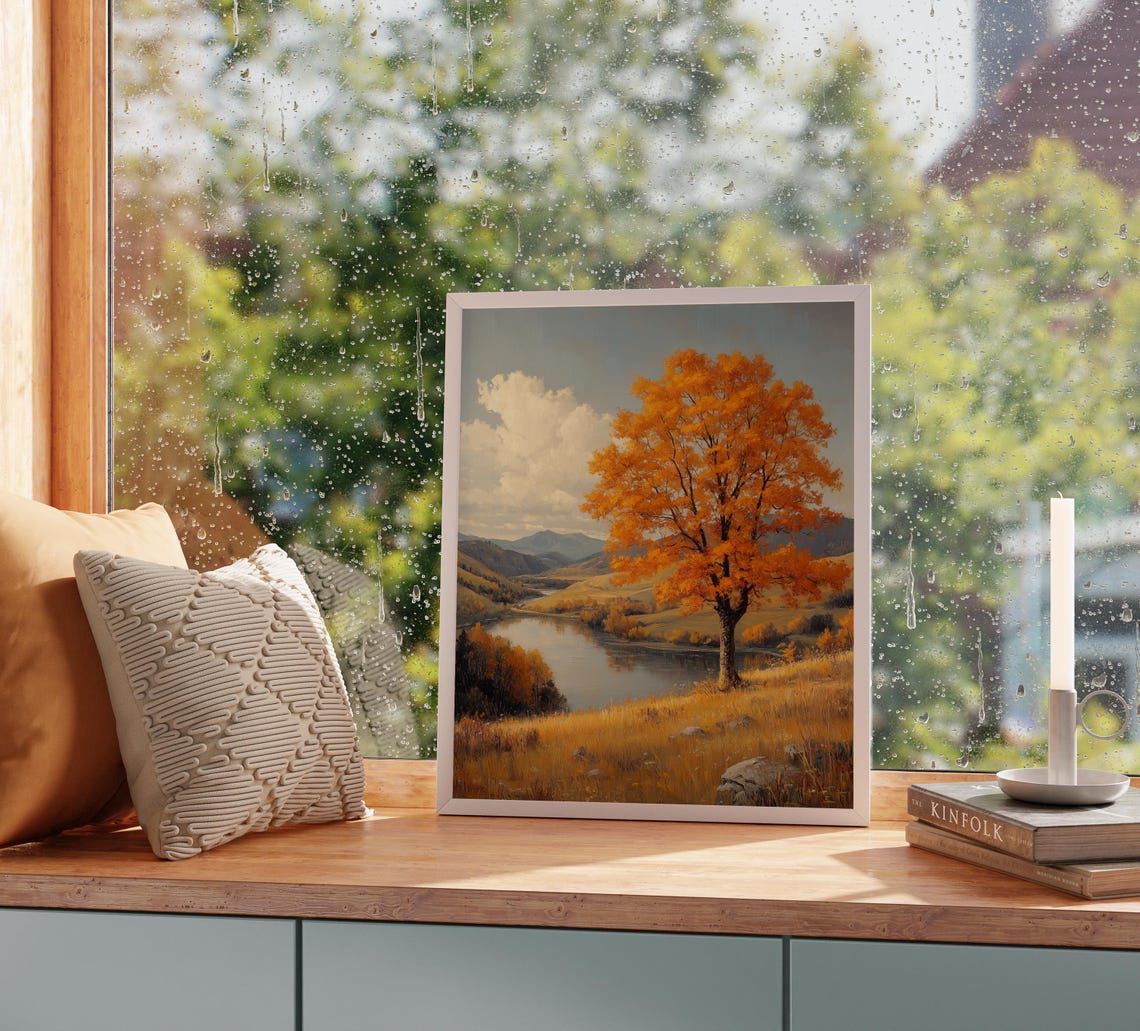 Autumn Tree River Meadow Winding Water Valley Mountains Poster - Image 2