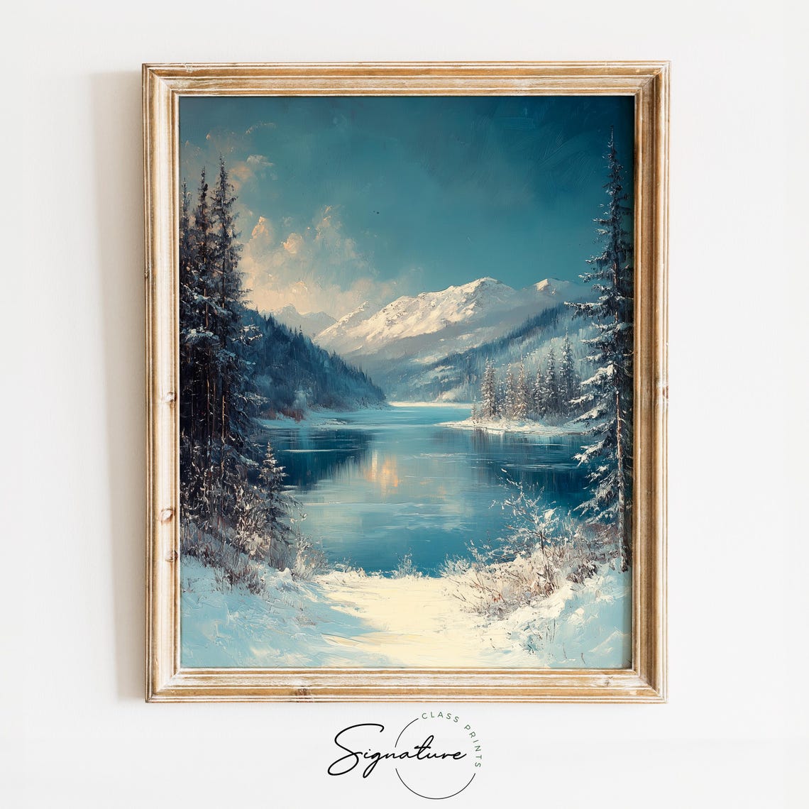 Snowy Valley Lake With Frosted Pines And Mountains Art Poster