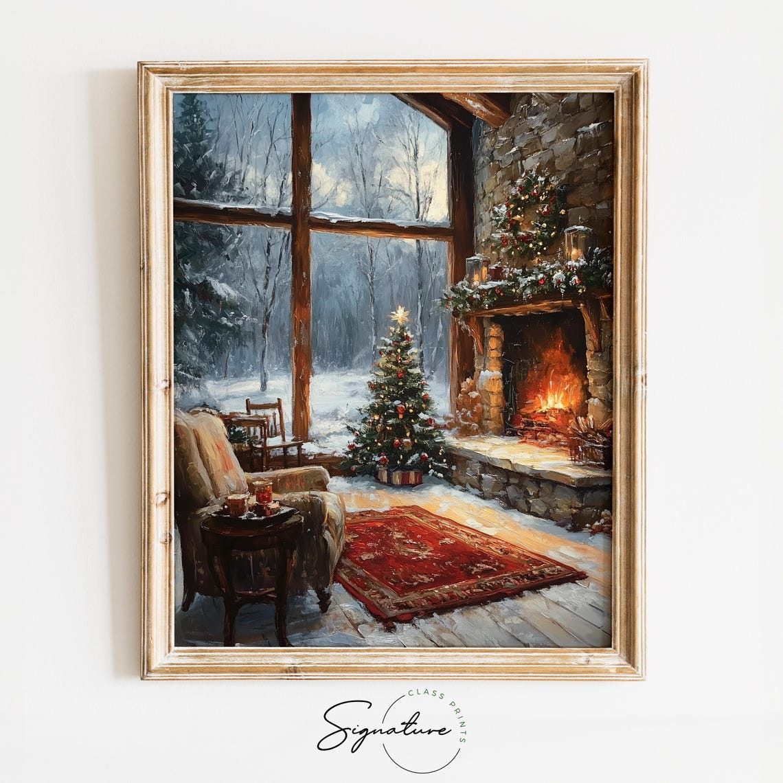 Cozy Christmas Living Room With Fireplace and Decorated Tree Poster