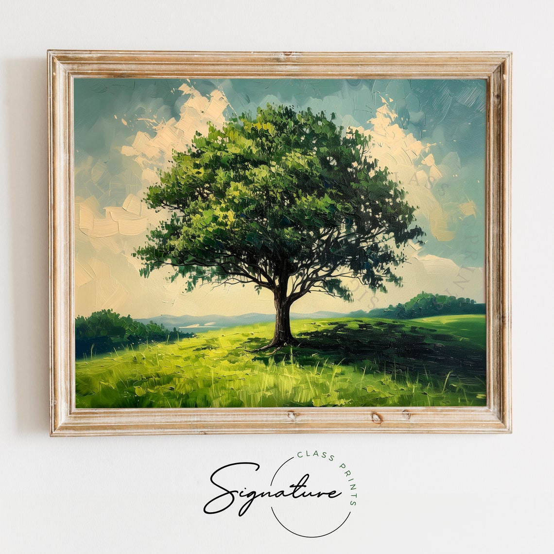 Lone Oak Tree In Lush Green Summer Meadow Impressionist Oil Poster