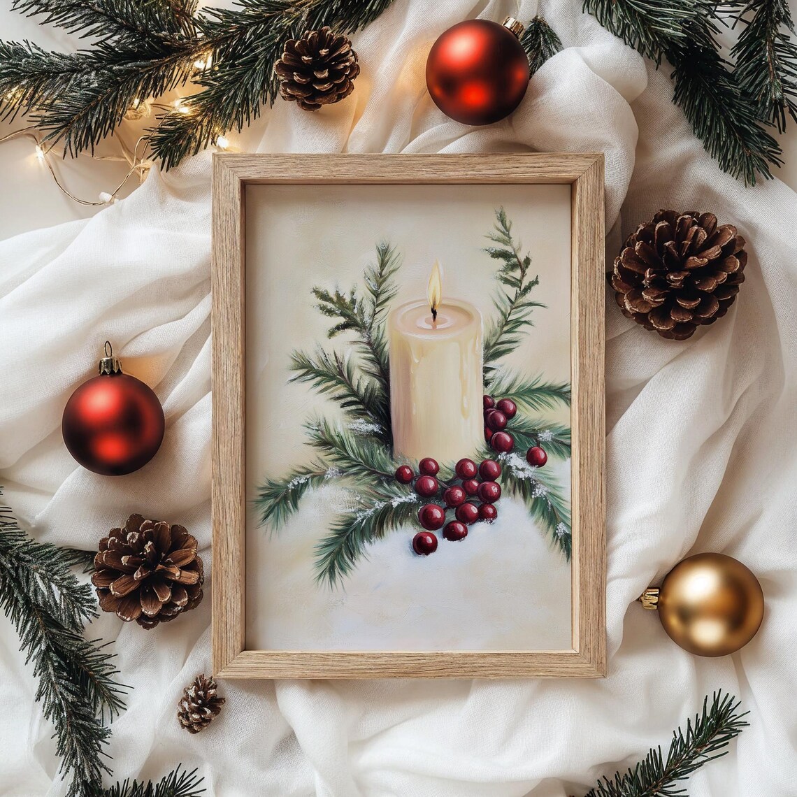 Lit Holiday Candle With Pine And Red Berries On Fresh Snow Poster - Image 4