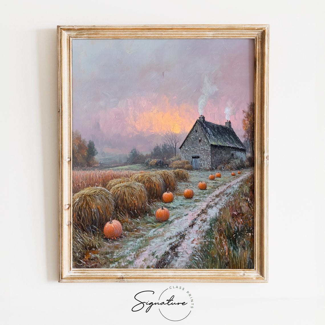Stone Barn at Dawn With Hay Bales Pumpkins and a Smoky Chimney Poster
