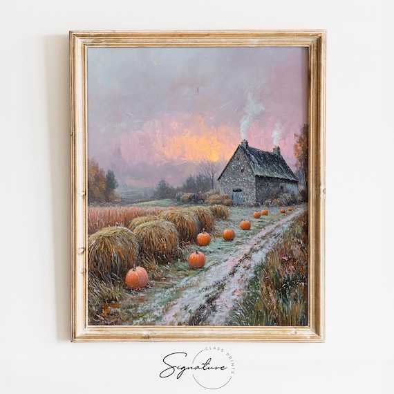 Stone Barn at Dawn With Hay Bales Pumpkins and a Smoky Chimney Poster