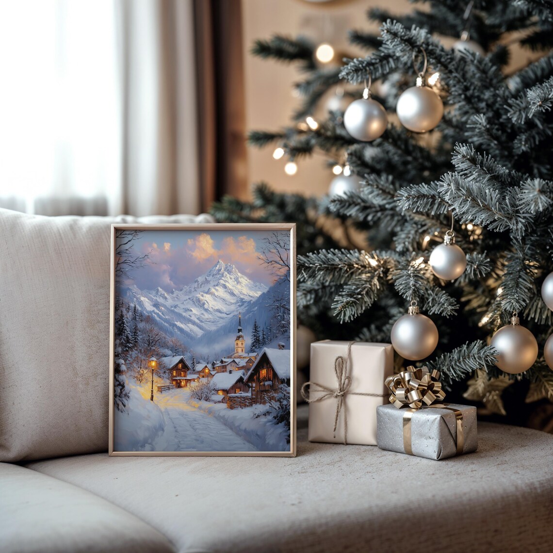 Snowy Alpine Village at Dusk with Church Spire Mountain Poster - Image 5