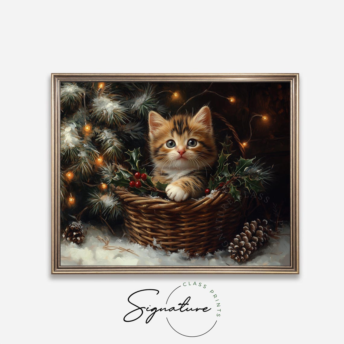 Tabby Kitten in Wicker Basket with Holly Berries and Pinecones Poster - Image 4