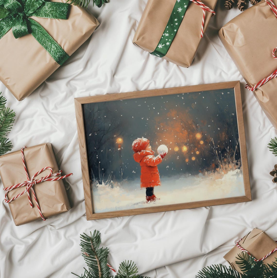 Child in Red Coat Holding Snowball on Snowy Winter Night Art Poster - Image 2
