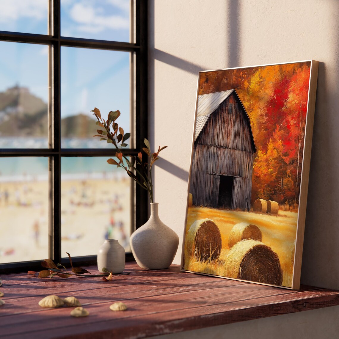 Weathered Barn Hay Bales Crimson Autumn Trees Harvest Field Poster - Image 5