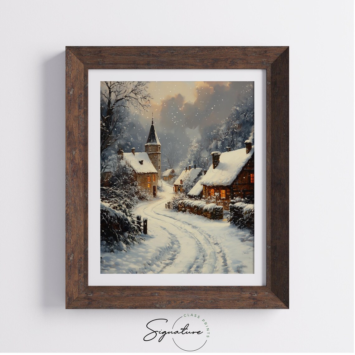 Snowy Village Lane With Church Tower Winter Christmas Dusk Poster - Image 3