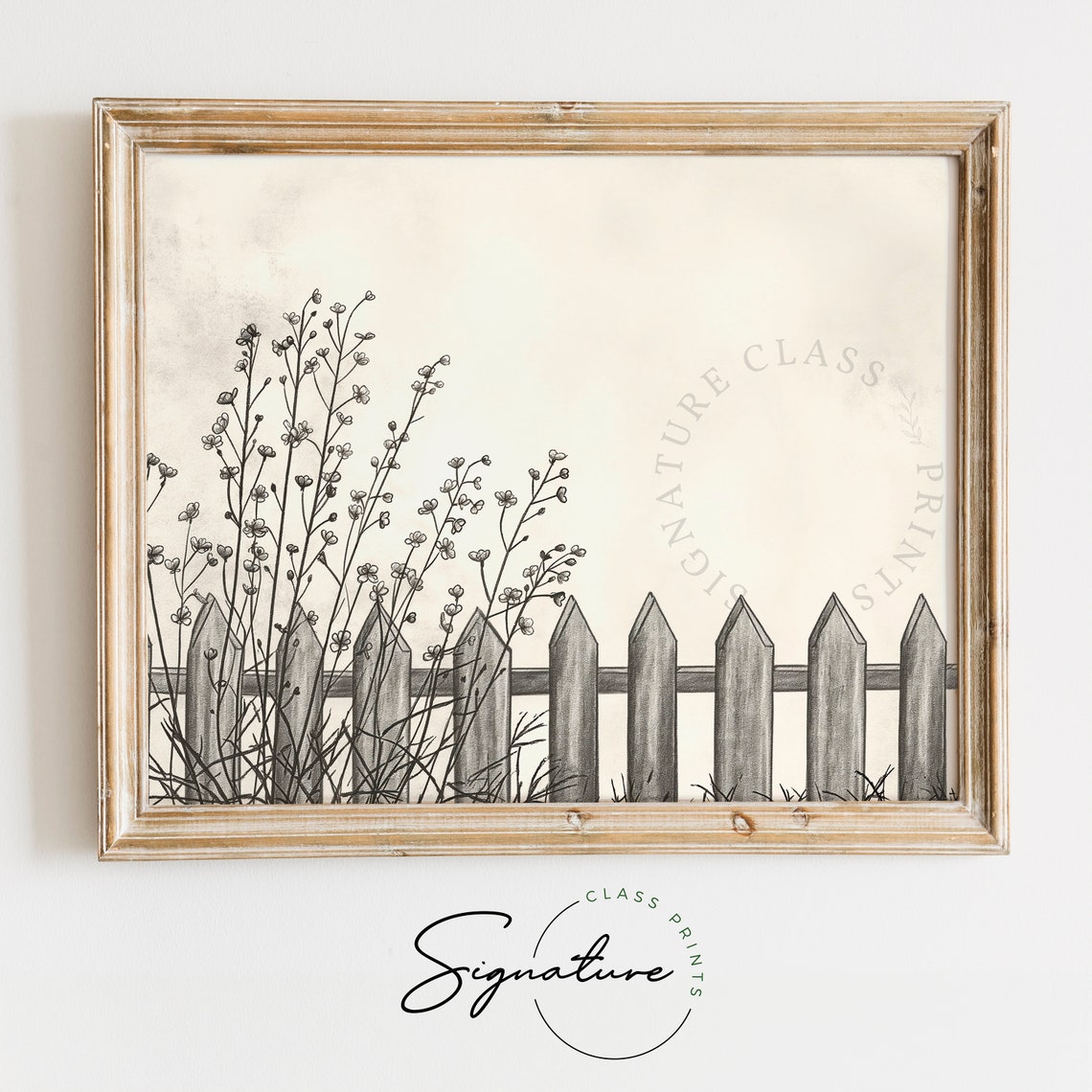 Picket Fence with Wildflowers and Grasses Pencil Sketch Poster