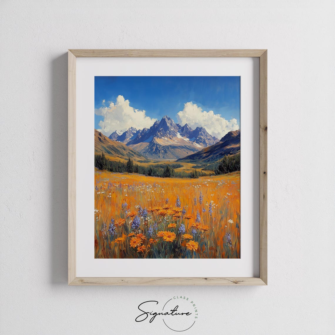 Alpine Wildflower Meadow Orange Blooms Snowy Peaks Blue Sky Poster - Image 3