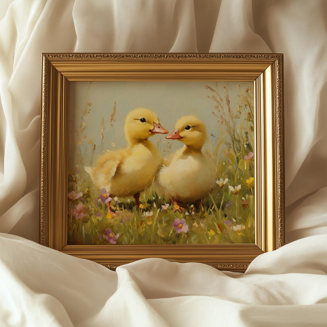 Two Baby Ducklings Beak to Beak Wildflower Meadow Spring Art Poster - Image 5