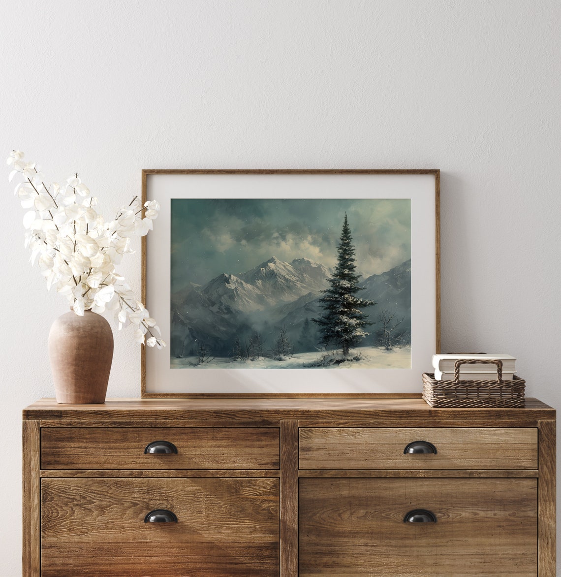 Tall Spruce Under Starlit Teal Sky Snowy Mountain Night Poster - Image 3