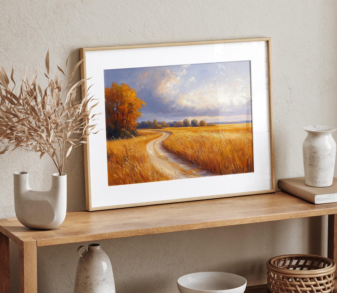 Golden Wheat Field Winding Path Sunset Prairie Painting Print - Image 4