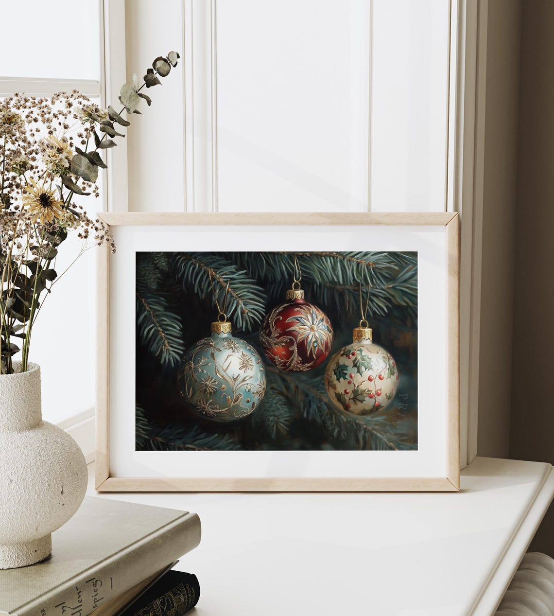 Three Ornate Christmas Ornaments Hanging On Pine Branch Poster - Image 6