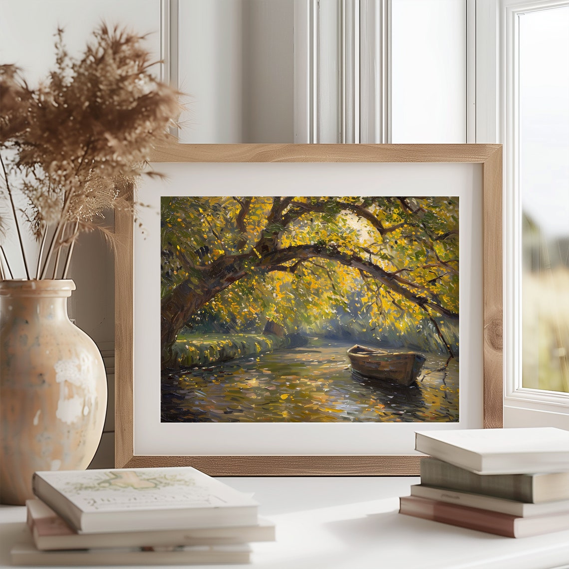 Golden Elm Tree Over Canal With Moored Rowboat Autumn Poster - Image 2