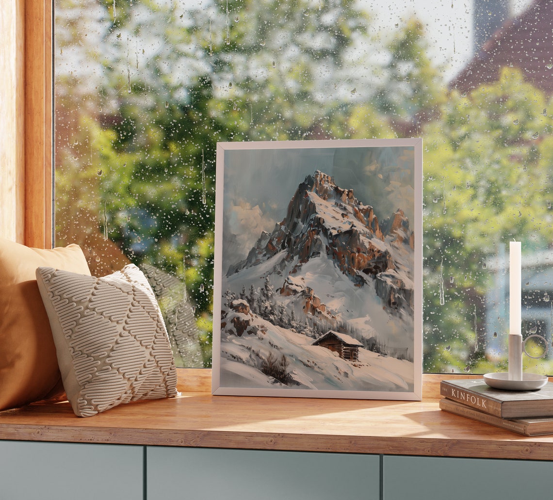 Snowy Alpine Mountain Peak Log Cabin Winter Landscape Poster - Image 2