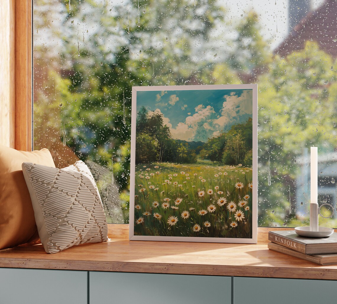 Spring Daisy Meadow White Blooms Blue Sky Sunny Floral Field Oil Poster - Image 2