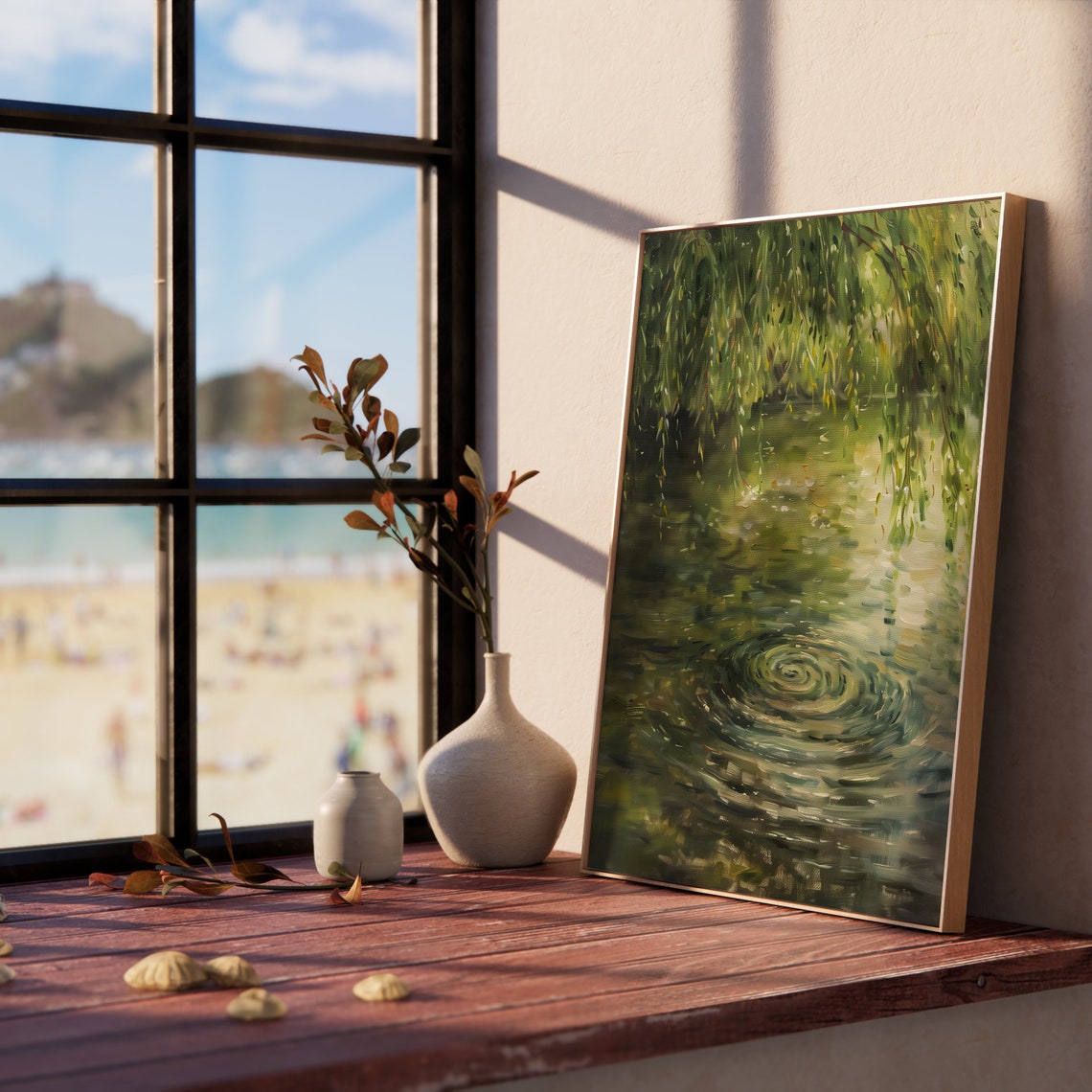 Green Willow Branches Sweeping Over Rippling Pond Water Art Poster - Image 5