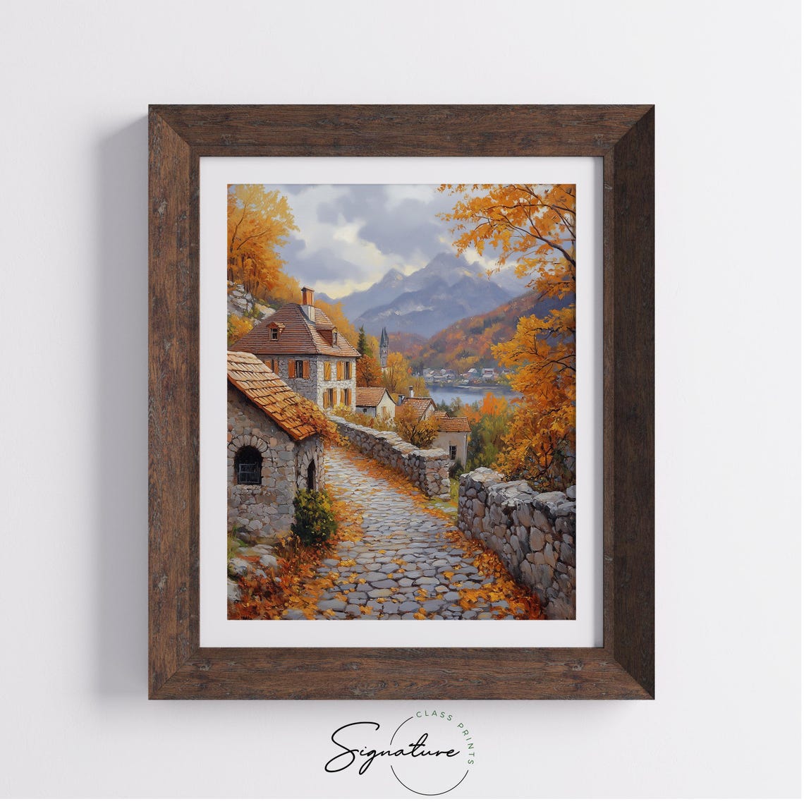 Alpine Autumn Village Cobblestone Lane Mountains Lake View Poster - Image 4
