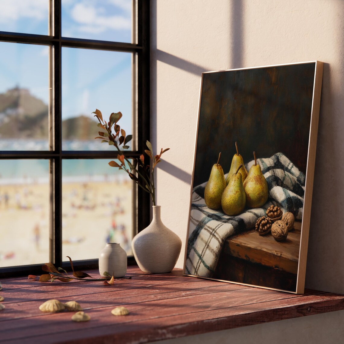 Rustic Still Life with Pears Walnuts and a Checkered Cloth Harvest Poster - Image 5