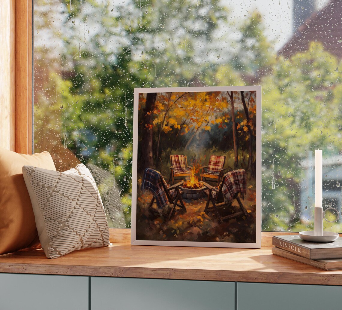 Campfire Circle with Four Plaid Chairs Under Golden Autumn Trees Poster - Image 2