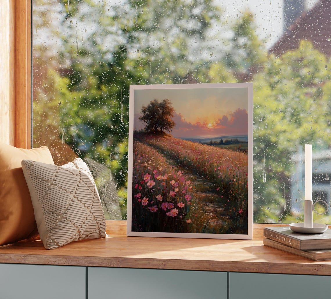 Spring Path Through Blooming Wildflowers Pink Sunset Meadow Poster - Image 5