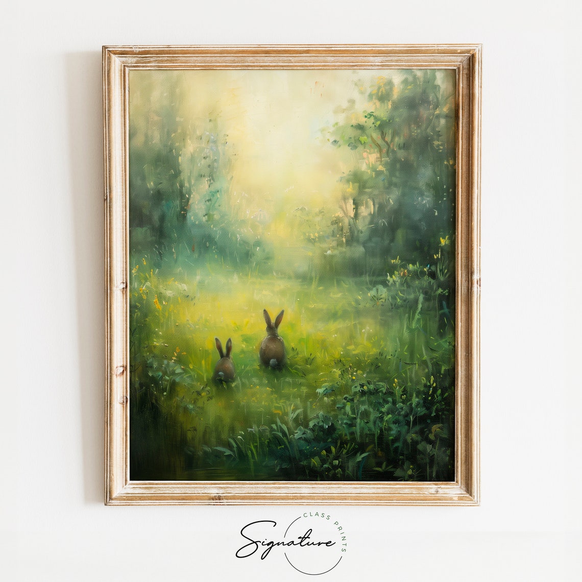 Two Bunnies In Sunlit Meadow Woodland Rabbit Painting Wall Art