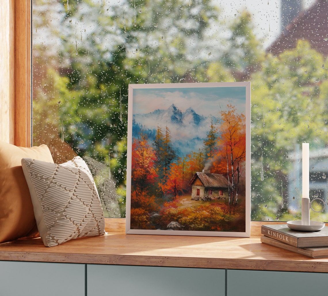 Rustic Mountain Cabin In Fall Foliage Misty Peaks Autumn Scene Poster - Image 2