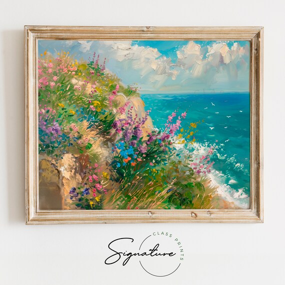 Wildflower Covered Coastal Cliff Over Bright Blue Sea Poster