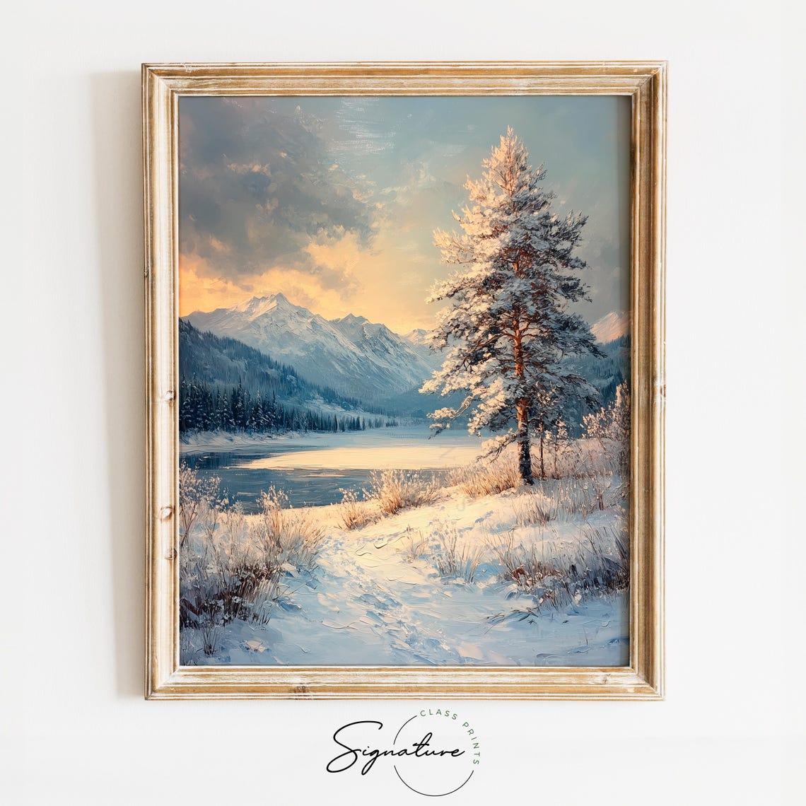 Snowy Pine By A Frozen Lake With Mountain Sunset Glow Poster