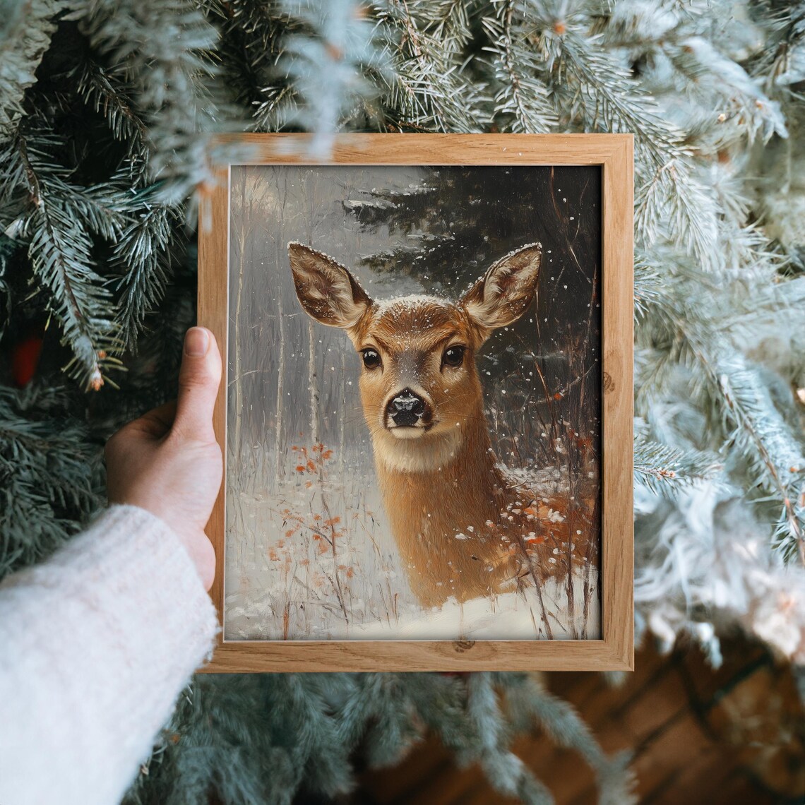 Doe Portrait in Snowy Forest Winter Wildlife Oil Painting Print - Image 6