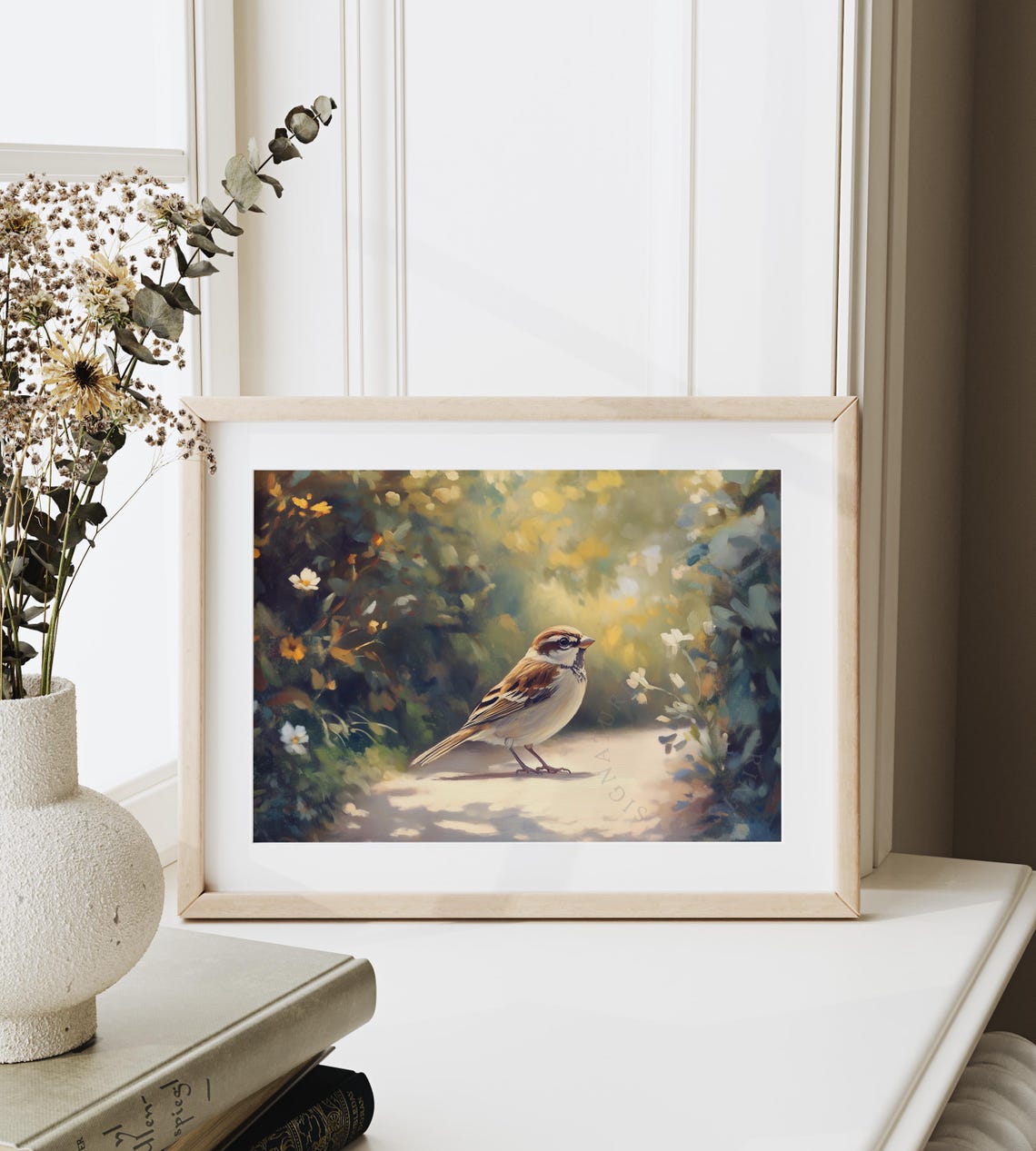 Sparrow Standing On Sunlit Path Beneath Golden Blossoms Wall Art - Image 6