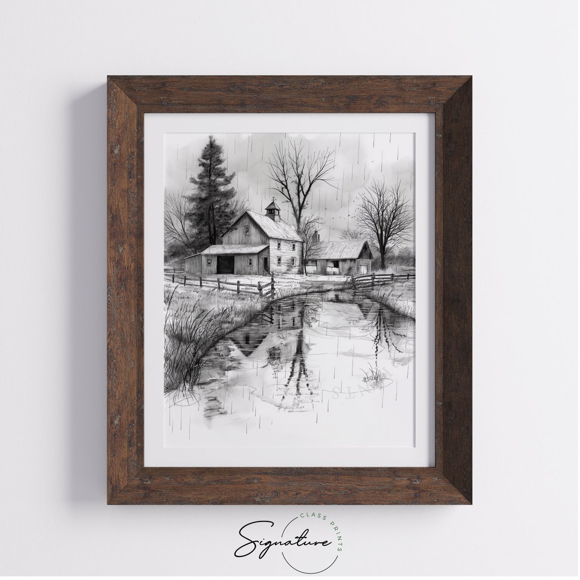 Rainy Day At Rural Farmstead Barn Sketch With Pond Poster Art - Image 4