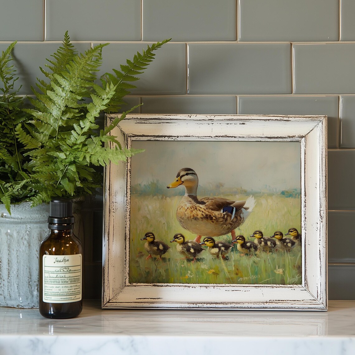 Mother Duck Leading Ducklings Through Meadow Spring Wildlife Painting - Image 4