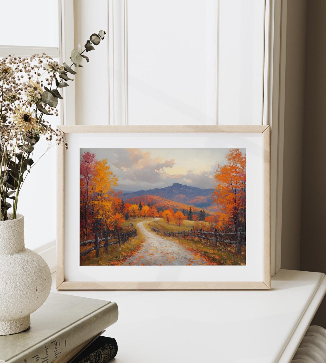 Wooden Fence Country Road Autumn Forest Mountain View Landscape Print - Image 6