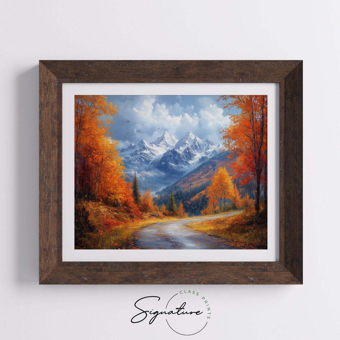Autumn Road Snowy Mountain Peaks Flying Birds Oil Painting Poster - Image 5
