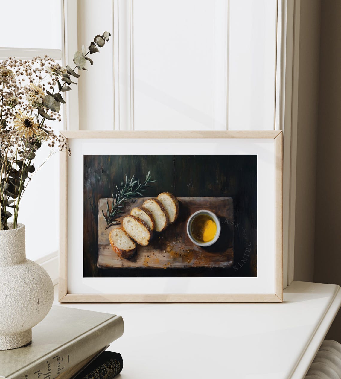 Sliced Bread With Olive Oil And Rosemary On Dark Wood Kitchen Wall Art - Image 6