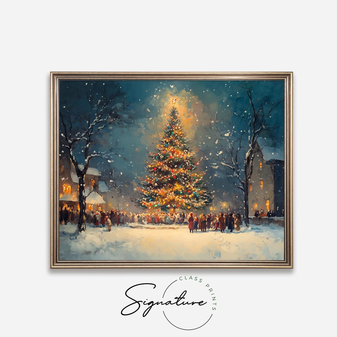Glowing Christmas Tree in Snowy Night Town Square Winter Scene Poster - Image 4